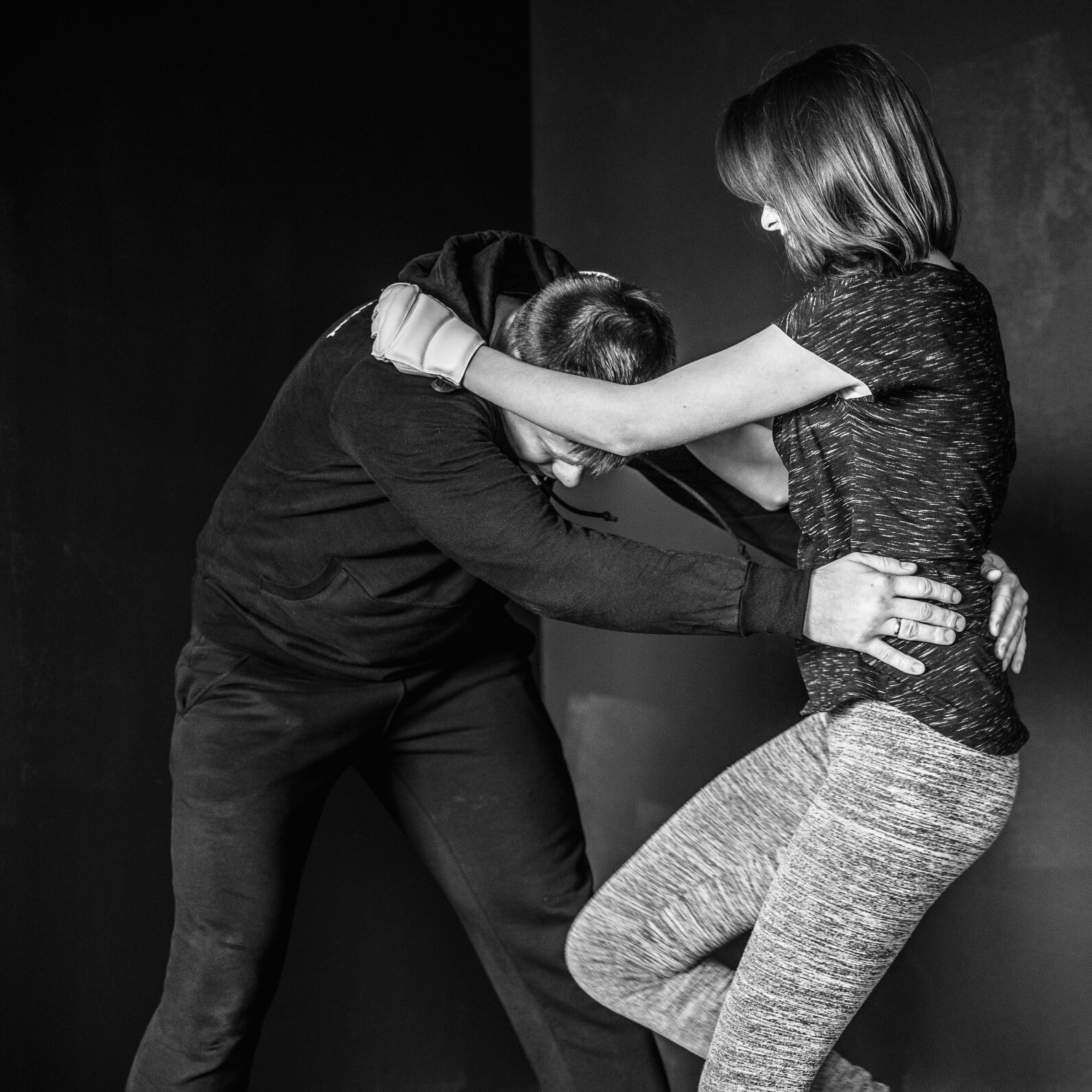 Woman self-defense trick against the man's attack. Strong women practicing self-defense martial art Krav Maga